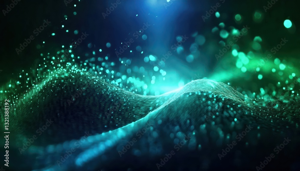 Poster futuristic glowing wave with neon particles and abstract digital mesh in green and blue, perfect for