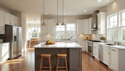 New custom kitchen features wood floors, stainless steel appliances, bright quartz countertops, spacious island on sunny day. Nobody in room. Residential suburban house interior with natural light.