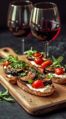 Enjoy a perfect evening with freshly prepared bruschetta topped with vibrant veggies, paired with rich red wine, ideal for cozy gatherings with friends