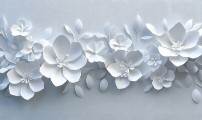a collection of white flowers and leaves arranged in a decorative pattern.