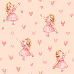 Pattern with cute little girl in pink dress. Watercolor seamless texture with illustration of princess with butterfly and hearts on beige background. Hand-drawn children birthday for wrapping paper