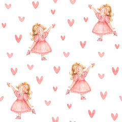 Pattern with cute little girl in pink dress. Watercolor seamless texture with illustration of princess with butterfly and hearts on white background. Hand-drawn children birthday for wrapping paper
