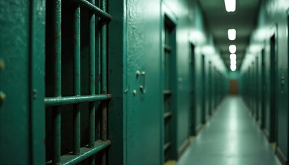 Jail corridor with row of prison cell doors. Heavy green metal door in focus, bars visible. Concept of imprisonment, justice system, lack of freedom. Penitentiary interior, crime, punishment,