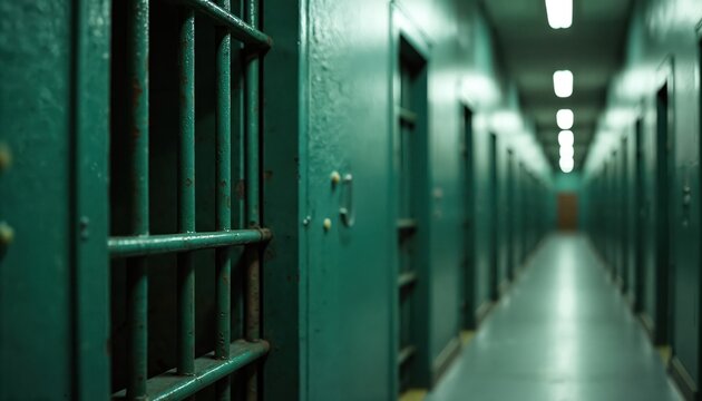 Jail corridor with row of prison cell doors. Heavy green metal door in focus, bars visible. Concept of imprisonment, justice system, lack of freedom. Penitentiary interior, crime, punishment,