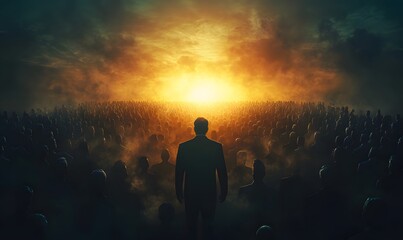 Obraz premium a man standing in front of a crowd, facing towards a bright light.