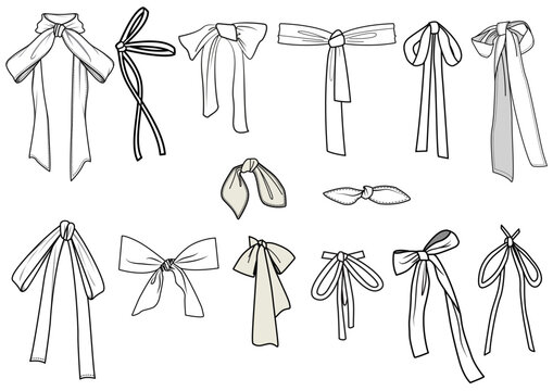 bows brushes set for fashion flat skethes.Bow knot and tie ups flat sketch vector illustrator. Set of sash bow knot for dress, waist band and clothing embellishments cad drawing template.