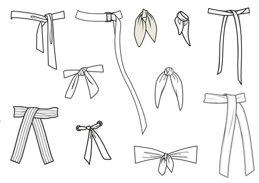 knotted waistband details for dress flat sketch vector illustration set, different belt types ribbon fabric bow knots for waist band, Decorative bow knot.Bows vectors.