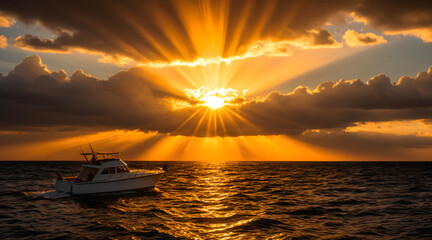 Golden Sunset Over the Ocean with a Lone Boat