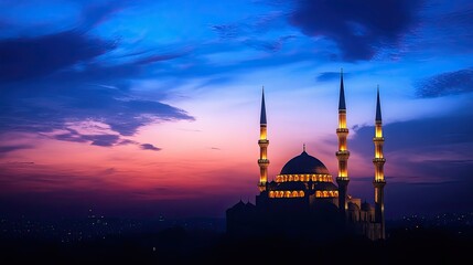 Obraz premium Serene Ramadan dusk with golden minarets against a deep blue sky