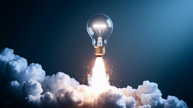 Illuminated lightbulb launching through clouds, symbolizing innovative ideas, breakthrough, and successful startup concept