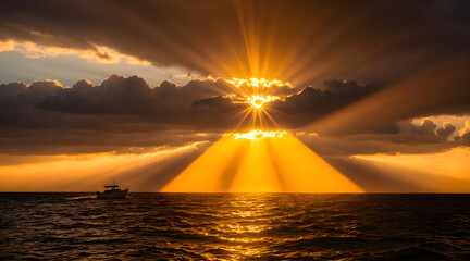 Dramatic Sun Rays Breaking Through Clouds at Sea