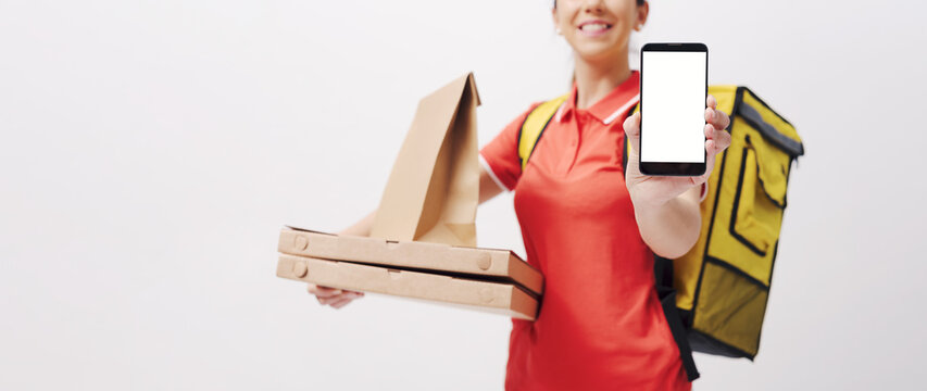 Delivery girl holding a smartphone