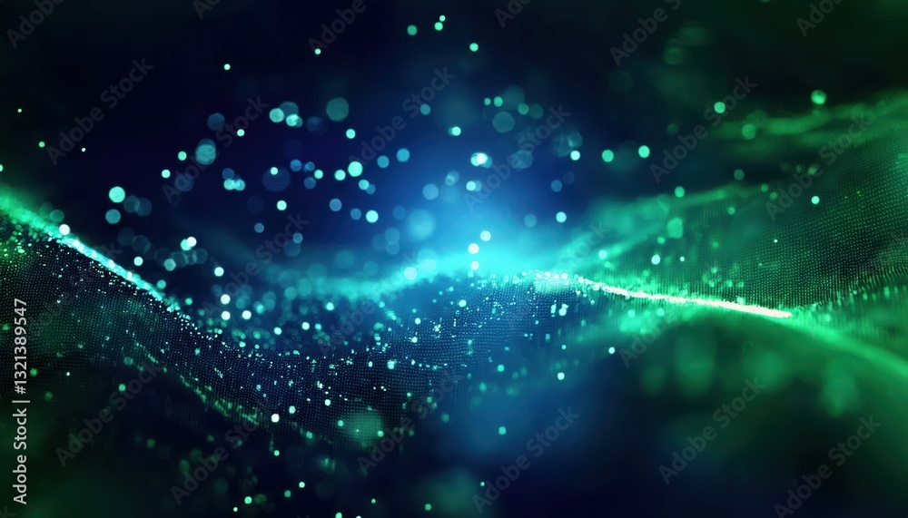 Aufkleber futuristic glowing wave with neon particles and abstract digital mesh in green and blue, perfect for