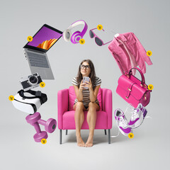 Happy young woman doing online shopping