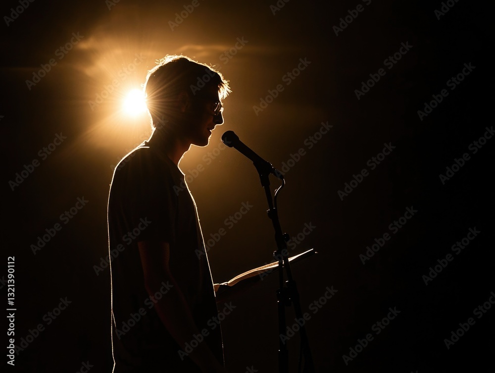 Poster a person speaking into a microphone in a dimly lit environment