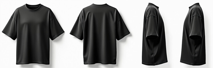 Set of black oversized loose drop shoulder tee shirt with round neck. Front, back, side views on transparent cutout. Unisex mockup template for artwork graphic design, print ads. Casual attire for