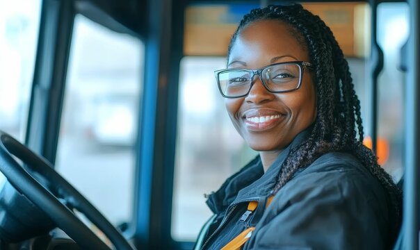 Smiling bus driver wearing glasses in her cabin.