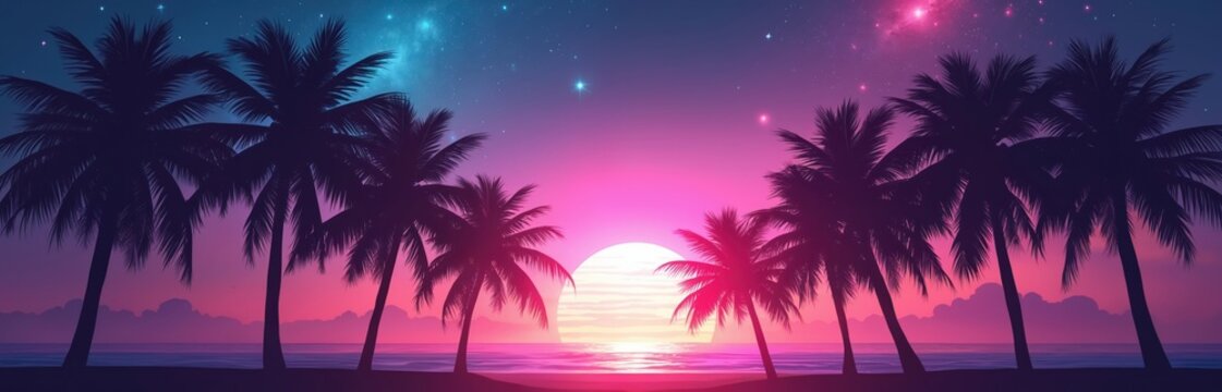 Silhouetted palms under neon sunset sky. Night landscape with palm trees on beach. Creative trendy summer tropical background for vacation and travel themes in retrowave style.