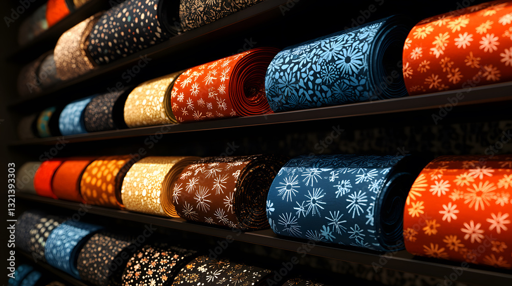 Poster A vibrant display of rolled fabric featuring intricate patterns in various colors, neatly arranged on shelves