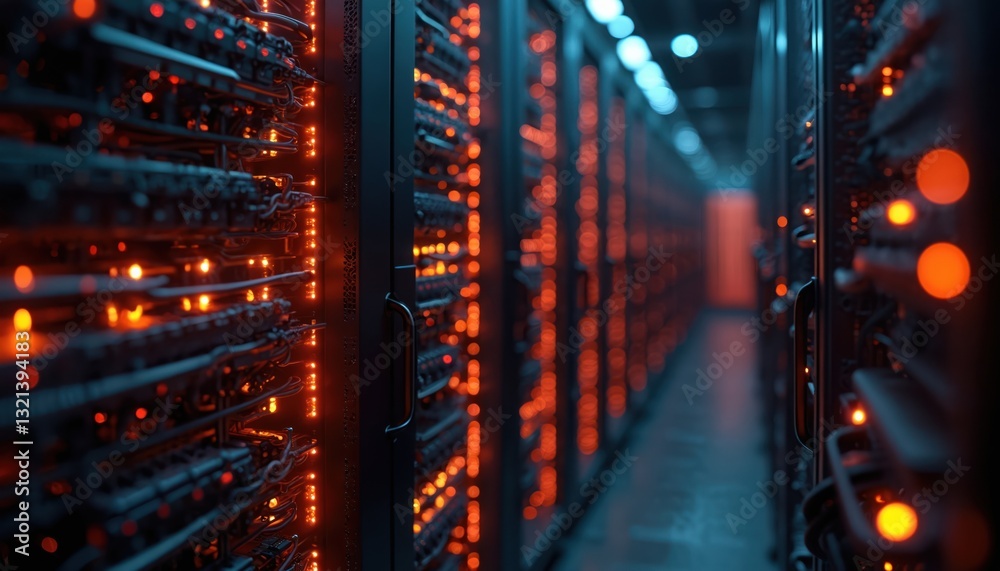 Poster Server racks inside data center. AI-driven world powered by digital information. Orange lights glow in dark depths of database service. Data streams illuminate servers providing cloud services.