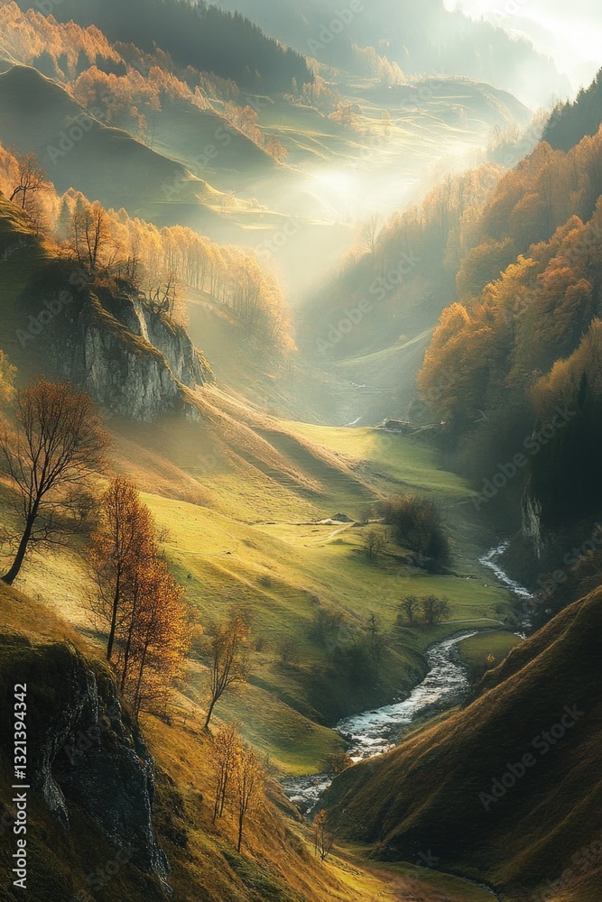 Poster A serene valley with a gentle stream running through it