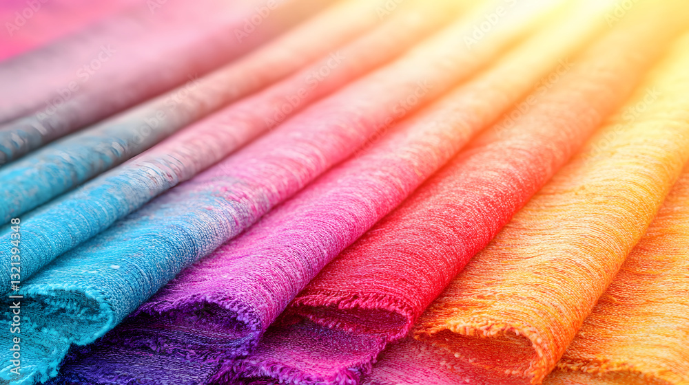 Poster A vibrant display of folded fabric showcasing a gradient of colors, creating an artistic and visually appealing composition