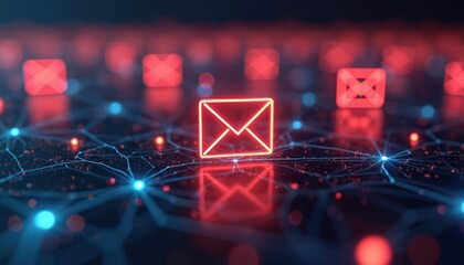 Glowing email icon on abstract dark background. Sign of message transfer, email marketing, phishing, spam. Network structure with glowing nodes. Data protection. Security system. Digital