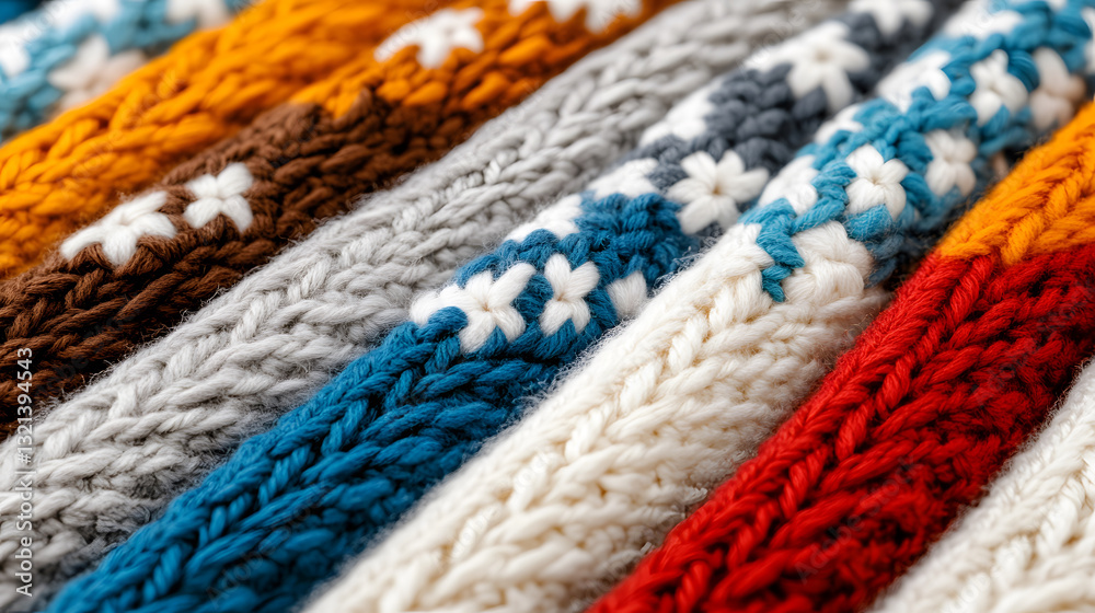 Poster a close-up of colorful knitted fabric showcasing vibrant patterns and textures