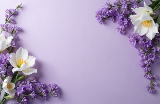 Fototapeta Beautiful floral design with white, purple flowers, green leaves on purple background. Romantic spring, summer theme for wedding, birthday card or mother day. Fresh botanical frame with copy space.