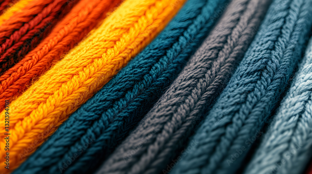Poster a vibrant display of textured yarns in various warm and cool tones, showcasing intricate braiding an