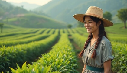 Hardworking ethnic female farmer works in crops field. Fair trade concept, sustainable farming practices, ethical sourcing. Woman in hat smiles on tea fields plantation, enjoy nature view, outdoor
