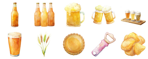 Beer mugs, caps and snacks in watercolor illustration set. Includes frothy pints, bottle openers and potato chips in a vibrant style isolated on transparent background.