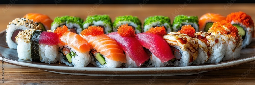Aufkleber sushi plate with spicy tuna and assorted rolls on wooden table in elegant setting