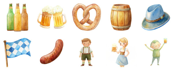 Oktoberfest featuring beer, pretzels, sausages in watercolor illustration set. Includes festive characters, hats, barrels and flags in vibrant, style isolated on transparent background.