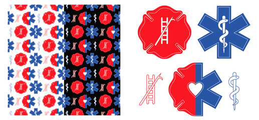 Firefighter and EMS Seamless Vector Pattern with Maltese Cross, Star of Life, and Rescue Icons