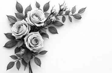 Detailed black, white rose illustration. Perfect as background for funeral condolences cards materials. Floral monochrome bouquet conveys sympathy, grief, mourning, bereavement themes. Elegant flower