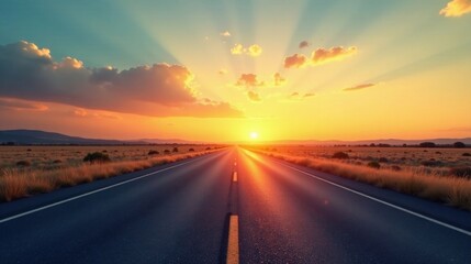 A scenic highway stretching towards a vibrant sunset, showcasing a picturesque landscape of golden grass and a radiant sun