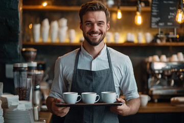 Smiling barista serving three cups of aromatic coffee in a cozy cafe setting man food tray drink