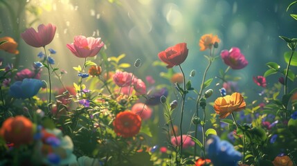 Obraz premium Vibrant garden filled with blooming flowers under soft sunlight, creating a serene and colorful atmosphere