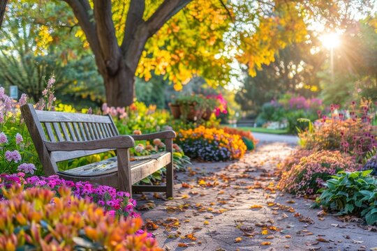 Serene garden pathway with a wooden bench surrounded by vibrant flowers and autumn foliage at sunset