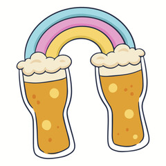 A Taste of Cheer: Two delightful glasses of golden beer are perfectly complemented by a vibrant rainbow in a whimsical, cartoon-style illustration, symbolizing joy.
