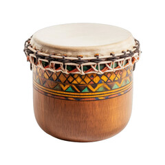 Traditional hand drum, intricately designed wooden percussion instrument with a smooth surface and vibrant patterns, perfect for music-making. Isolated on white background or PNG