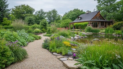 Fototapeta premium Rustic garden path winds through vibrant flowerbeds, leading to a cozy wooden home