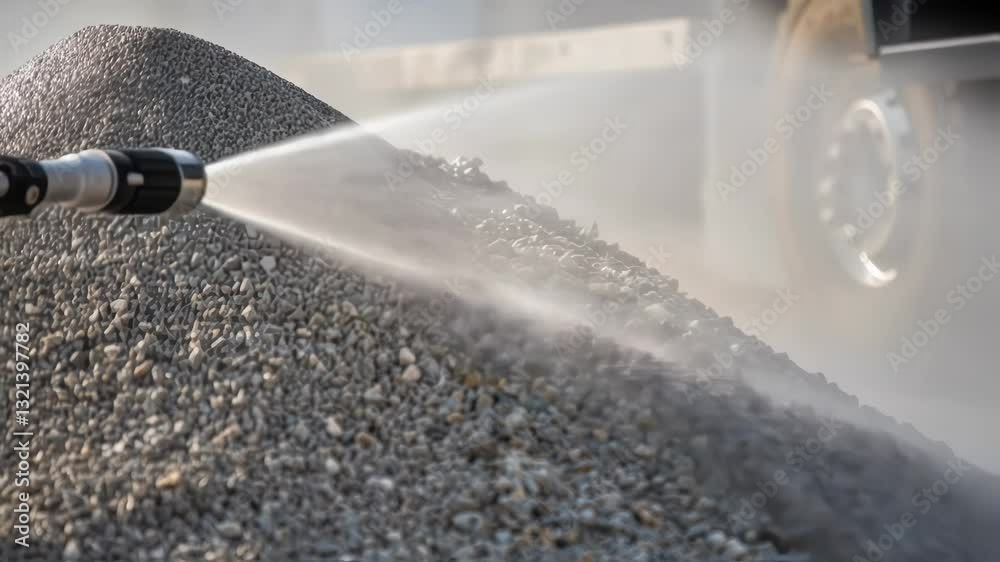 Poster water is being sprayed on a gravel pile from a nozzle mounted on a truck, suppressing dust and poten
