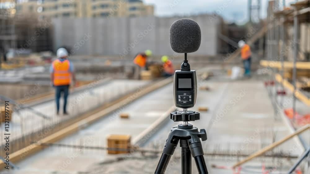 Aufkleber Sound level meter mounted on tripod measuring noise levels at busy construction site, with workers wearing safety helmets performing tasks in background