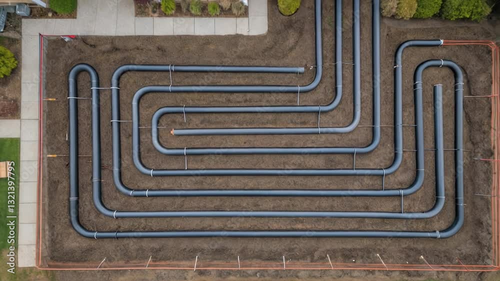 Poster construction workers are installing a geothermal system in a residential backyard, connecting pipes 