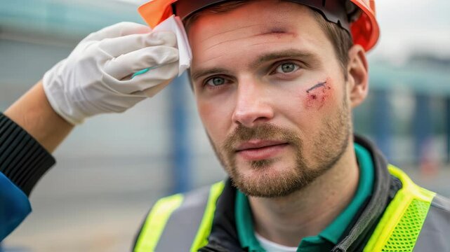 Professional paramedic wearing medical gloves carefully cleaning head wound of construction worker wearing orange hard hat and safety vest at workplace injury site