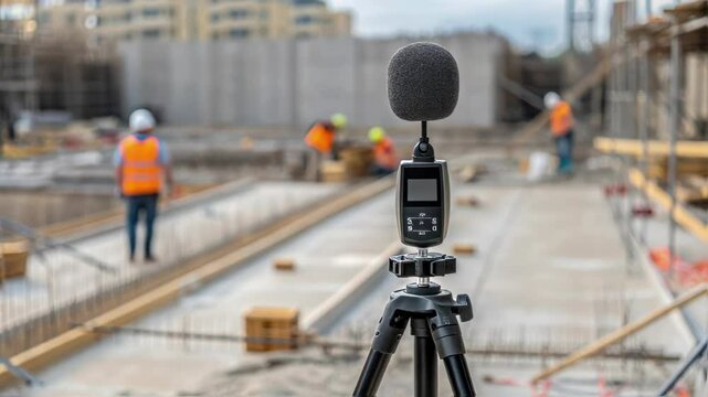 Sound level meter mounted on tripod measuring noise levels at busy construction site, with workers wearing safety helmets performing tasks in background