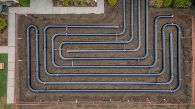 Construction workers are installing a geothermal system in a residential backyard, connecting pipes and trenches in a specific pattern to harness underground thermal energy