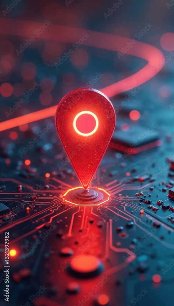 Poster location pin on futuristic tech circuit board. red point indicates destination, route on circuit. na